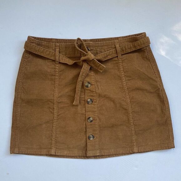 American Eagle Hi-Rise A-Line Skirt Corduroy Tie Waist Stretch Brown Size 6 - Picture 4 of 11